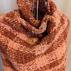 Handwoven warm cozy cotton chenille shawl in pumpkin and peach